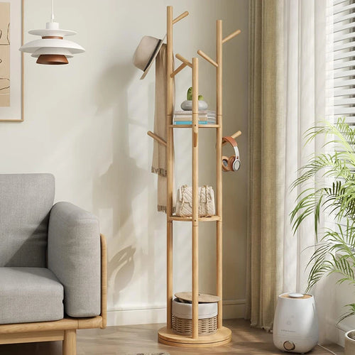 porte-manteau rotatif en bois avec étagères et crochets pratiques - vue 2 sur 7