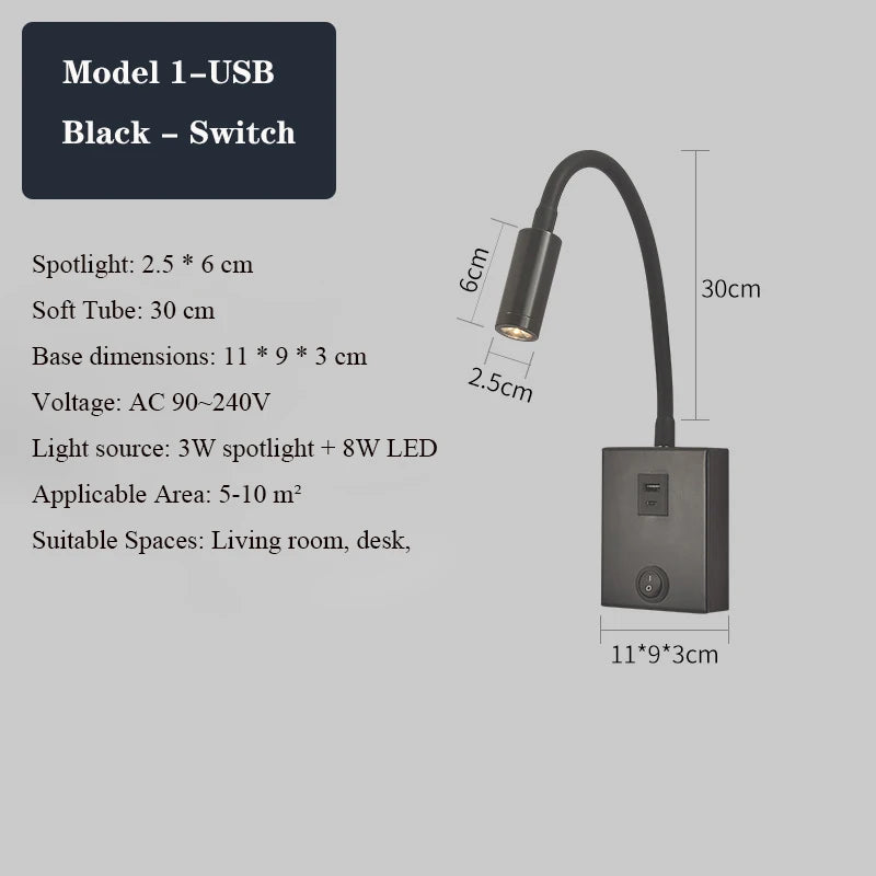 applique murale led moderne avec ports usb et interrupteur - vue 7 sur 22
