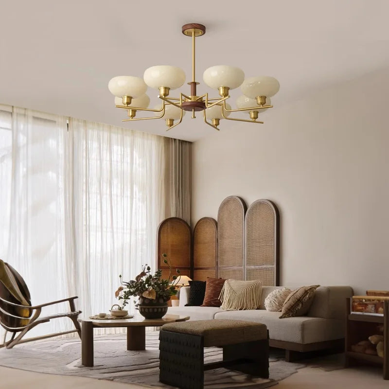 Walnut Wood Glass Brass, Wabi-sabi Modern Vintage style, chandelier lights for Living room, Bedroom, dining room, study - vue 5 sur 12