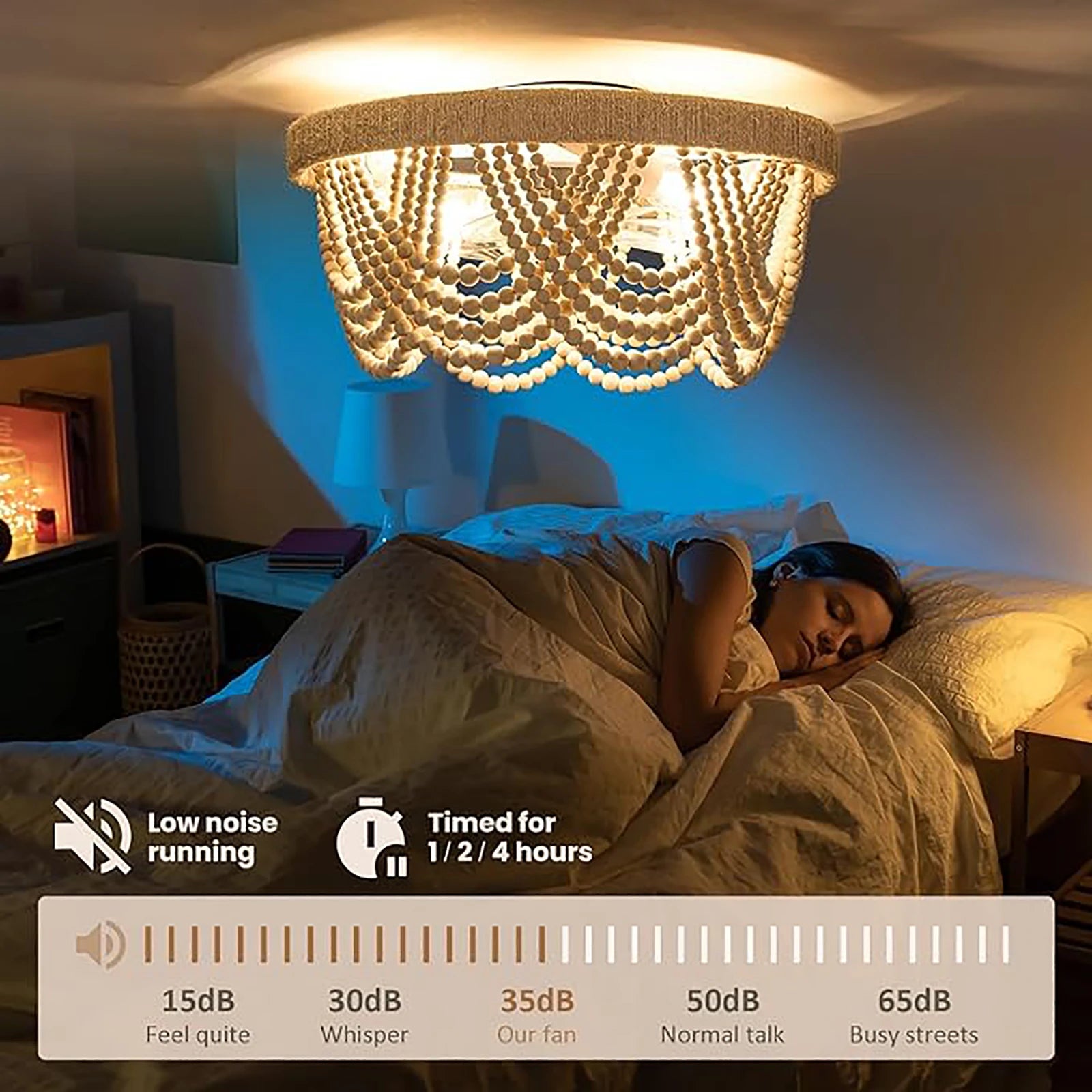 plafonnier led bohémien en perles de bois avec télécommande style nordique vintage - vue 4 sur 6