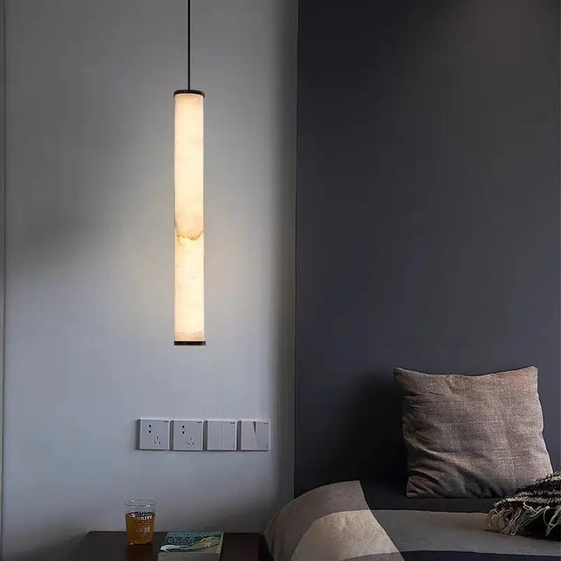 lustre cylindrique en marbre naturel avec cordon réglable 3000k - vue 2 sur 9