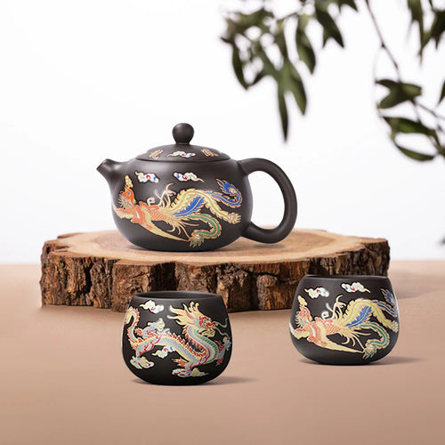 Théière gongfu argile motifs dragons phénix artisanale