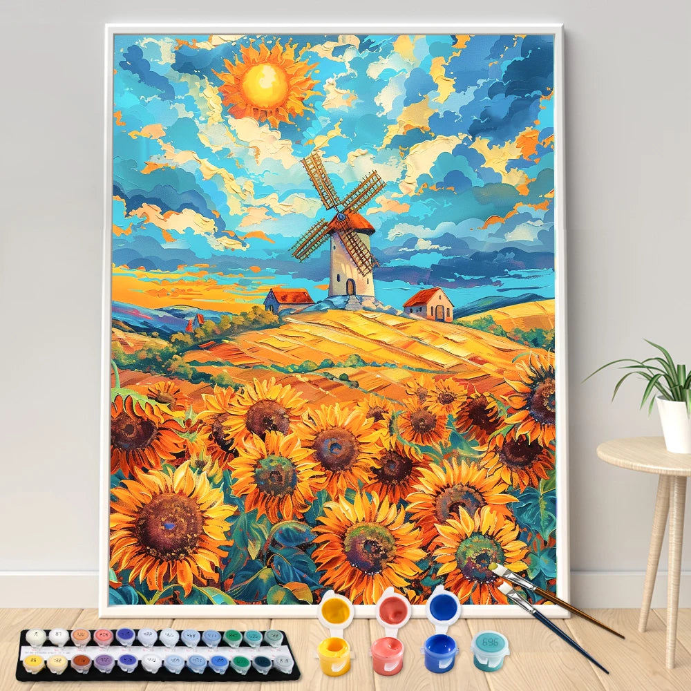 kit peinture par numéro champ de tournesols moulin à vent décoration artisanale - vue 3 sur 7