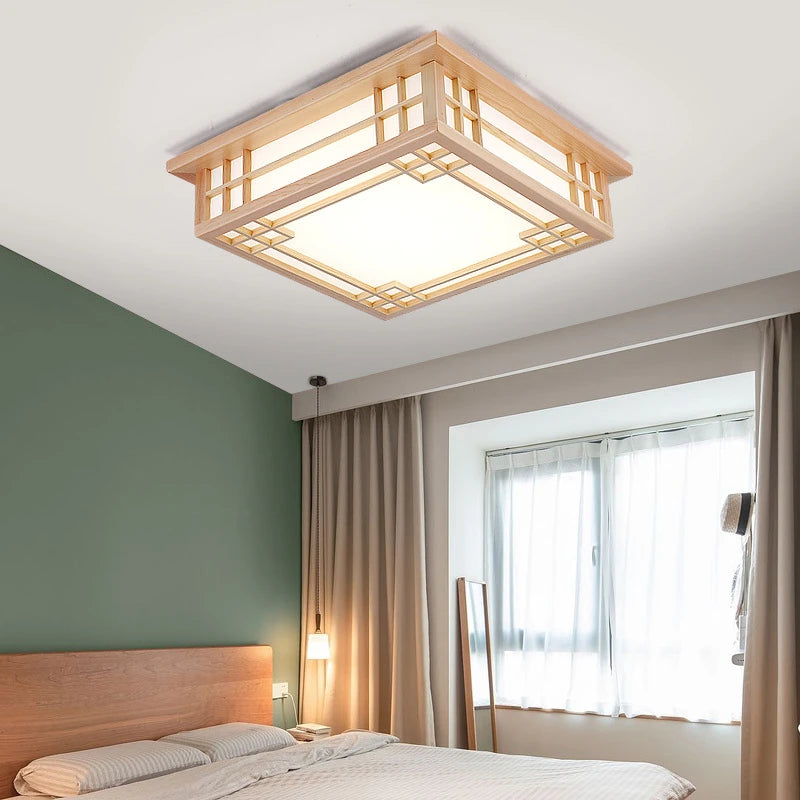 Plafonnier nordique en bois massif carré led décoratif - vue 5 sur 5