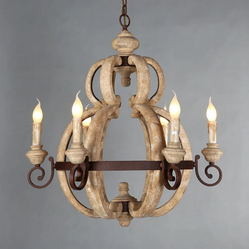 lustre rustique en bois vintage à 6 lumières design français - vue 6 sur 7