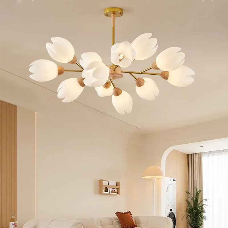 lustre nordique en bois avec lumière en forme de fleur