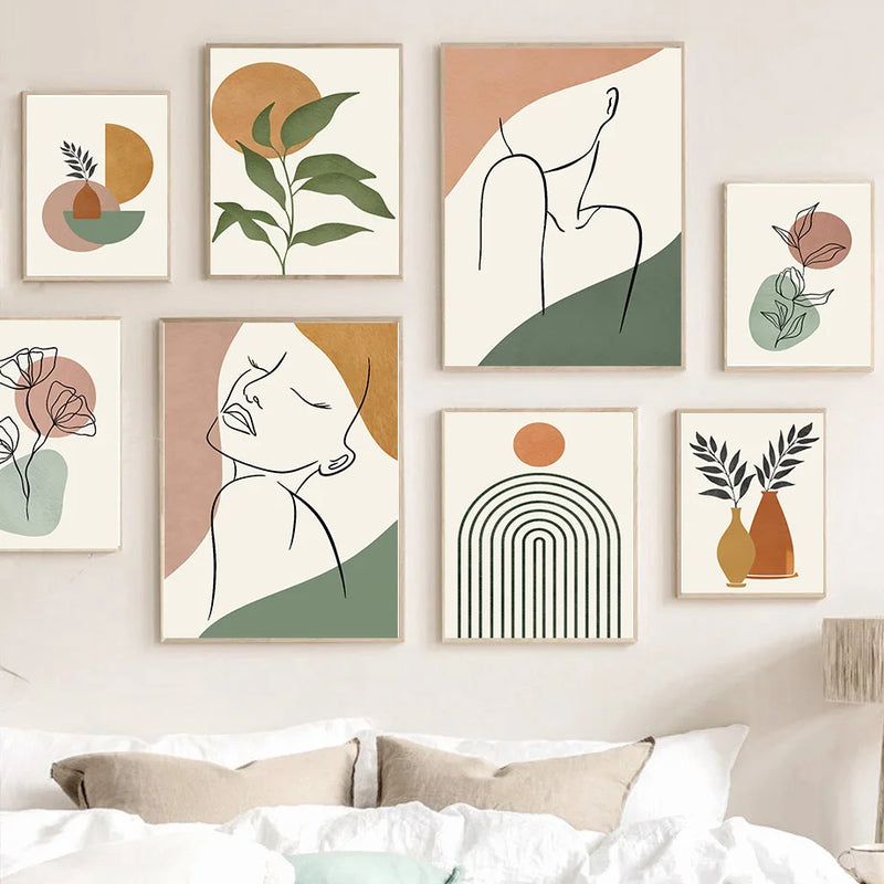 art mural abstrait avec cactus et fleurs géométriques boho