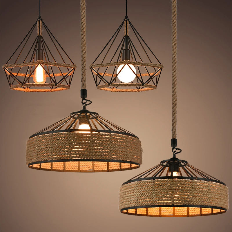 Sisal chanvre corde suspension plafonnier Lustre suspendu Lustre fer main tressage rustique rétro pour salle à manger décor - vue 6 sur 28