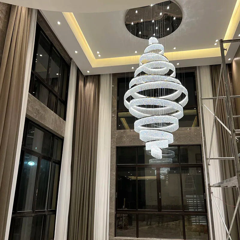 Escalier de luxe LED en Cristal lustre pour salon hall grand anneau moderne Cristal suspendu éclairage Chrome longue lampe d'intérieur - vue 4 sur 13