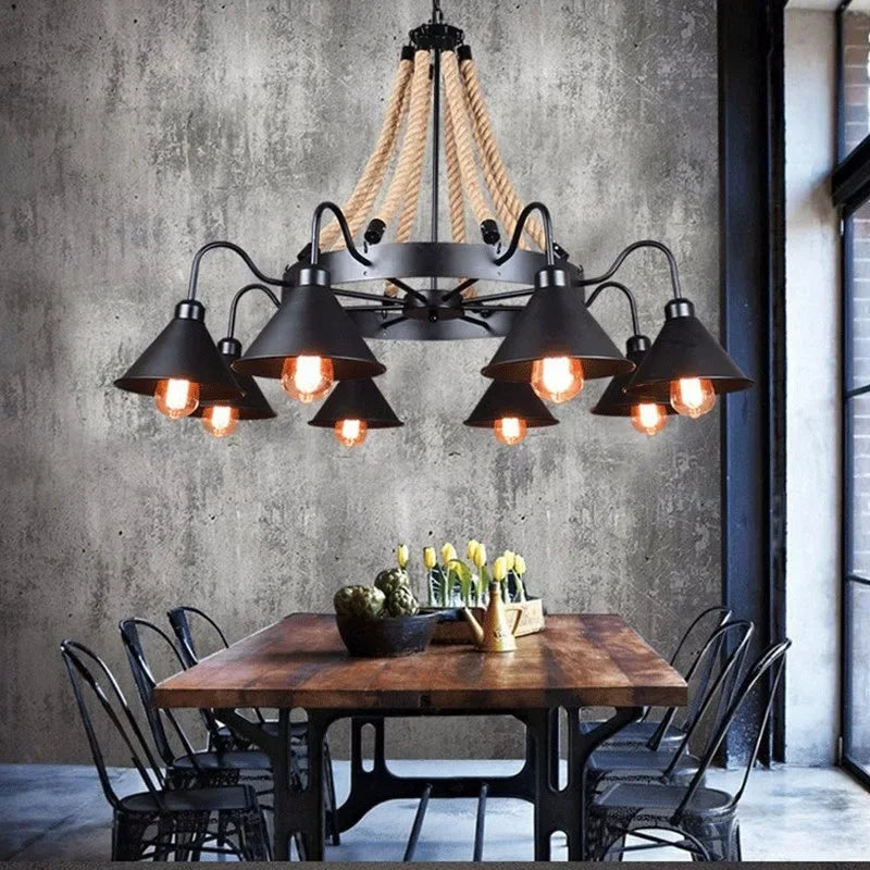 Vintage Hemp Rope Pendant Lamps Iron Lampshade Retro Coffee House Bar Indoor Lightings E27 Industrial Style Chain Pendant Light - vue 2 sur 12