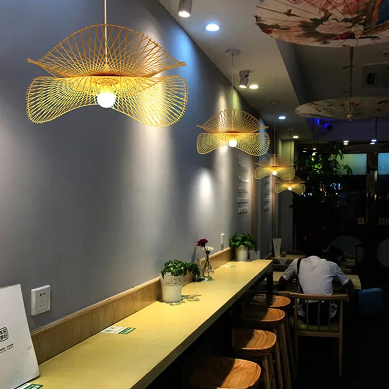 lustre chinois fait main en bambou avec éclairage led suspendu - vue 3 sur 7
