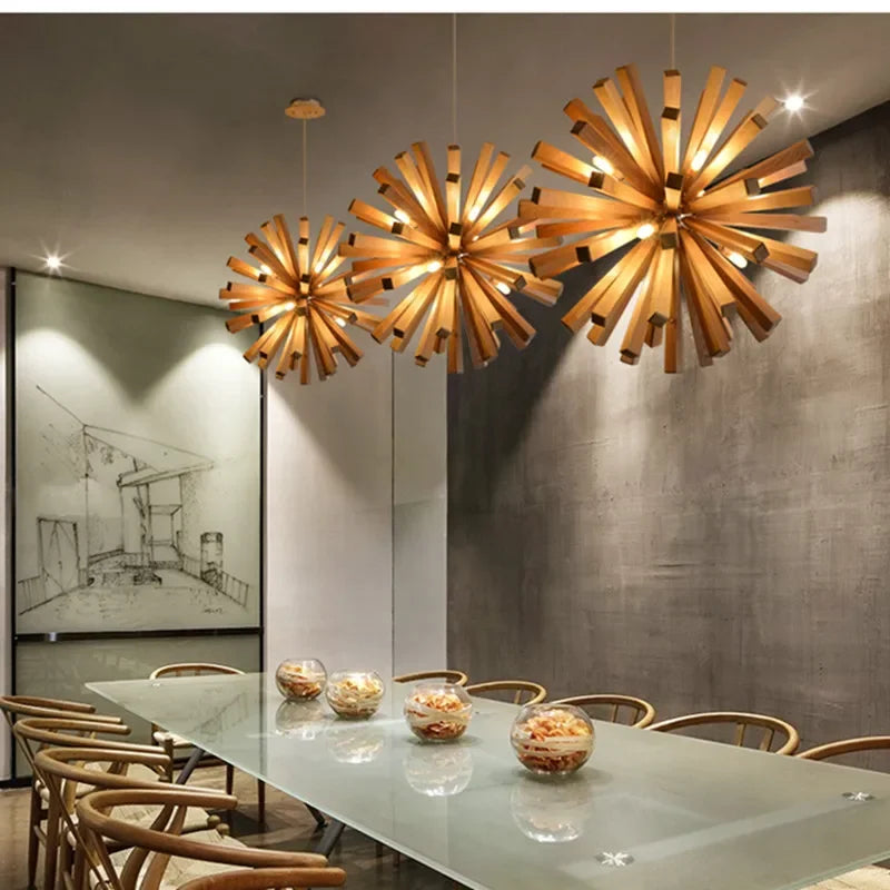 Nordic Dandelion Wooden Pendant Lights Art Creative new chinese Pendant Lamp tea room dining room living room Personality lamp - vue 3 sur 9