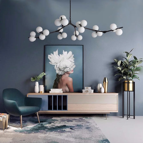 lustre en verre avec branches d'arbre et boules lumineuses - vue 2 sur 12