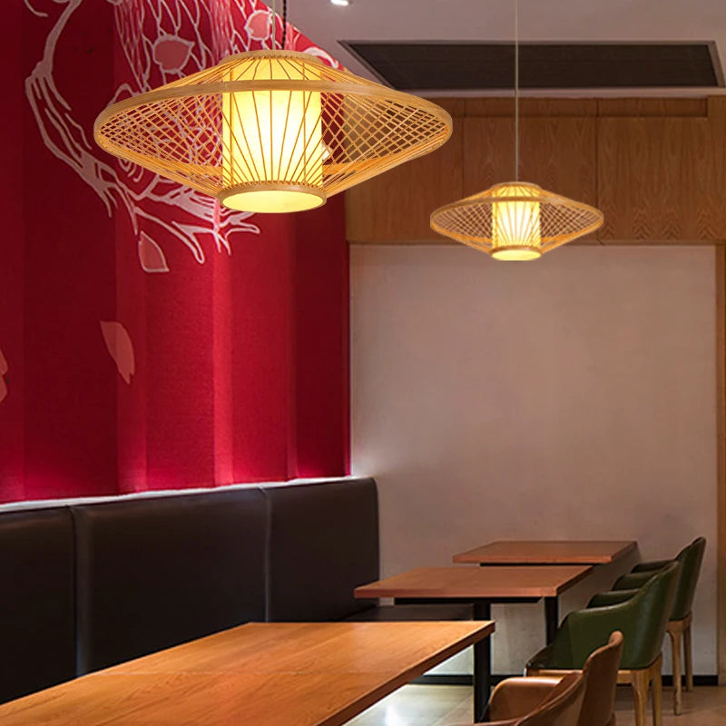 lustre en bambou tissage thé zen loft japonais éclairage intérieur - vue 4 sur 5