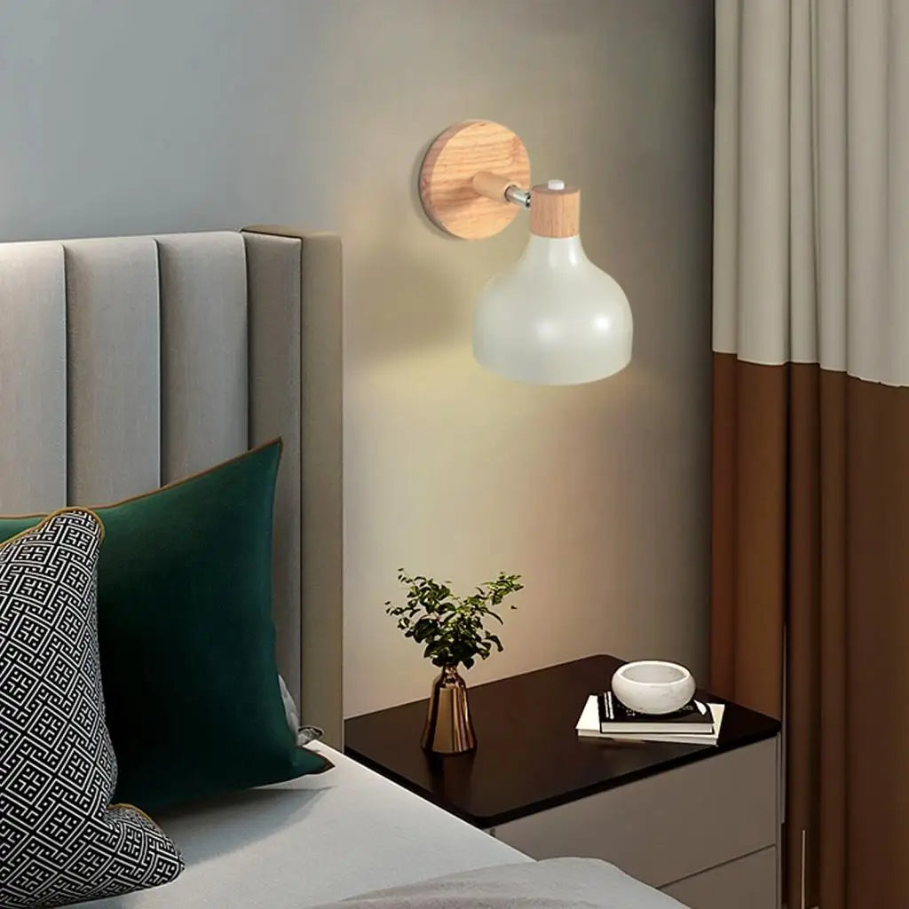 Appliques murales nordiques Macaron en bois lampe de chevet de chambre à coucher applique murale moderne abat-jour tête de direction E27 luminaire domestique E27 - vue 7 sur 13