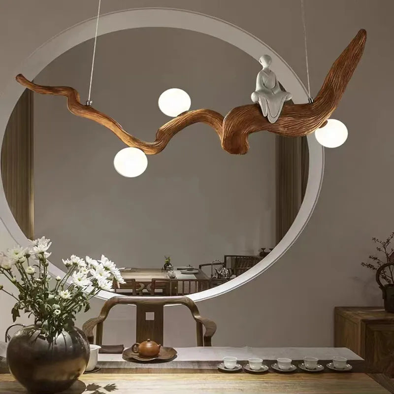 Lustre design Zen résine style bois à Branches suspension - vue 3 sur 7