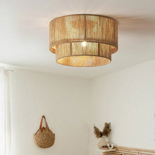lustre rétro en rotin tissé pour décoration campagnarde chaleureuse - vue 4 sur 14
