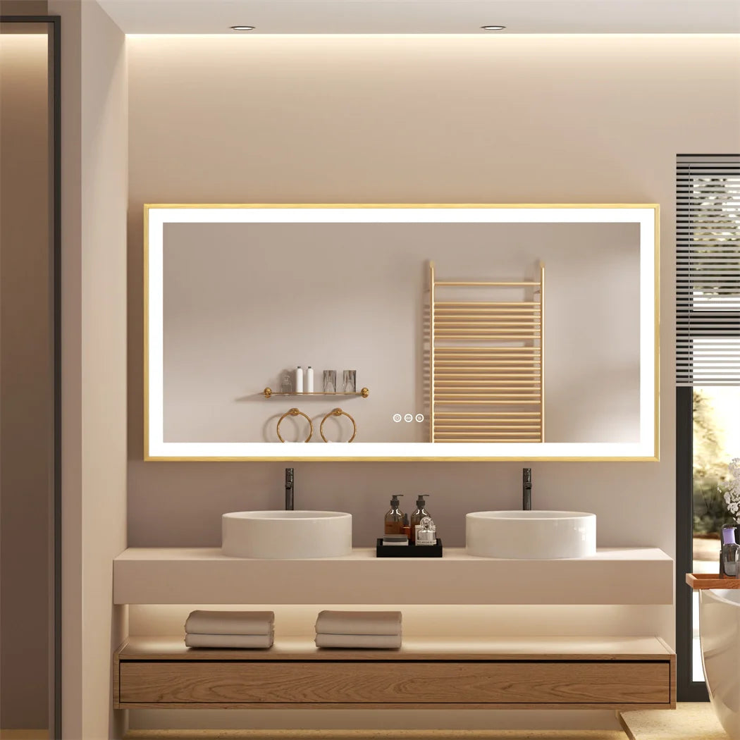 Miroir éclairé avec cadre doré et lumières led antibuée à gradation trois couleurs