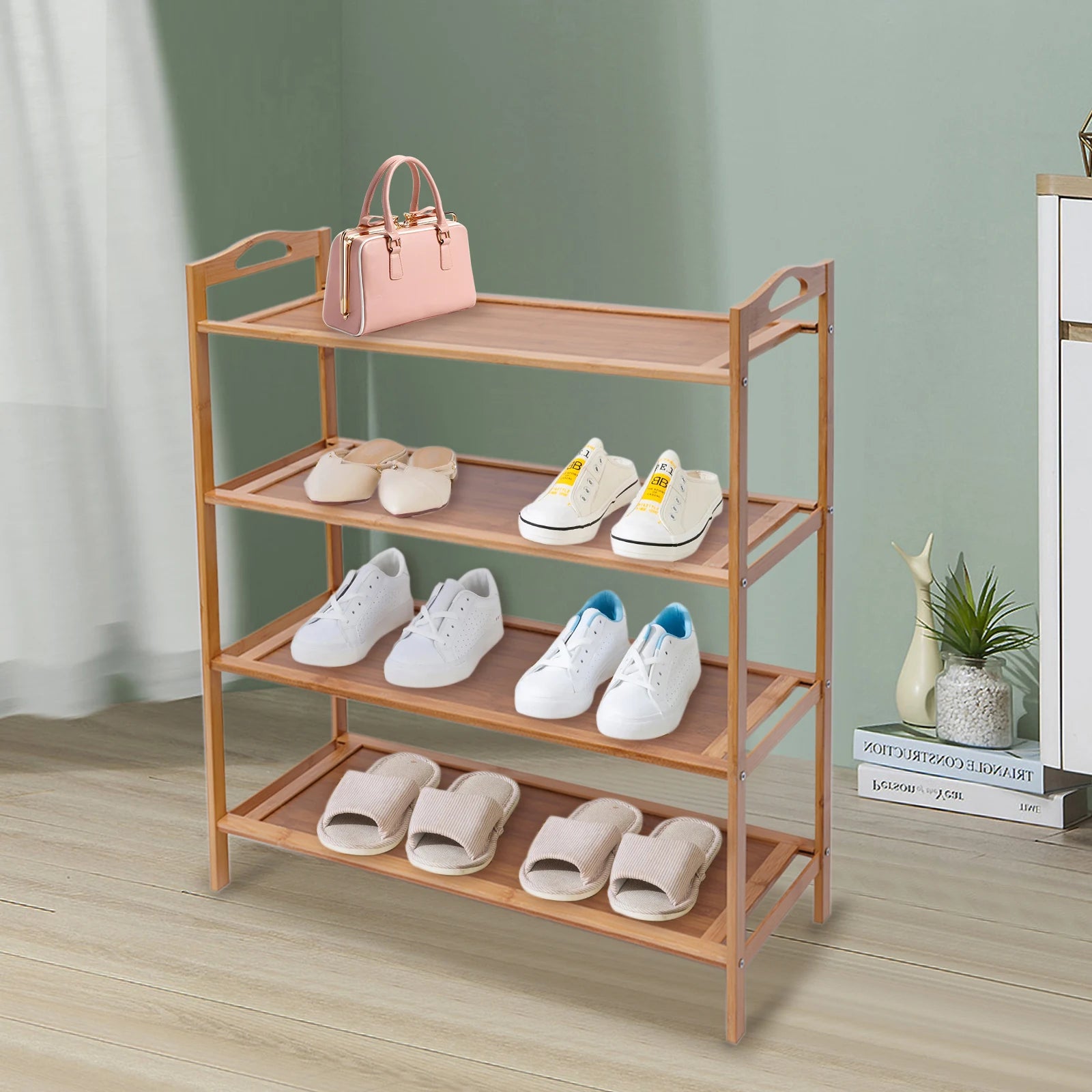 étagère à chaussures en bambou à quatre niveaux pour rangement polyvalent - vue 7 sur 7