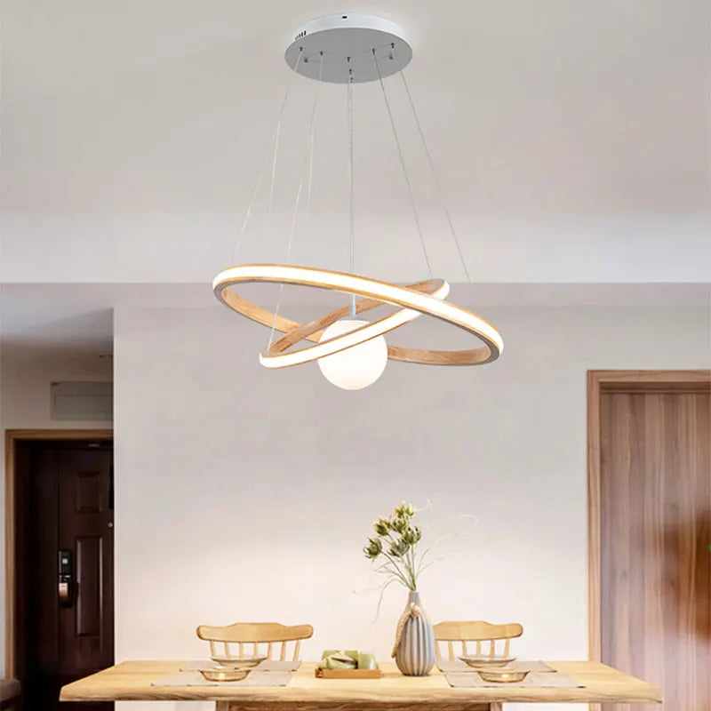 lustre en bois moderne avec anneaux lumineux et verre - vue 2 sur 9