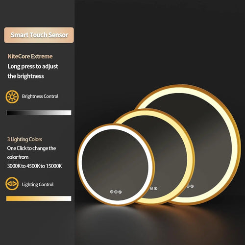 miroir rond éclairé avec cadre doré et fonction mémoire