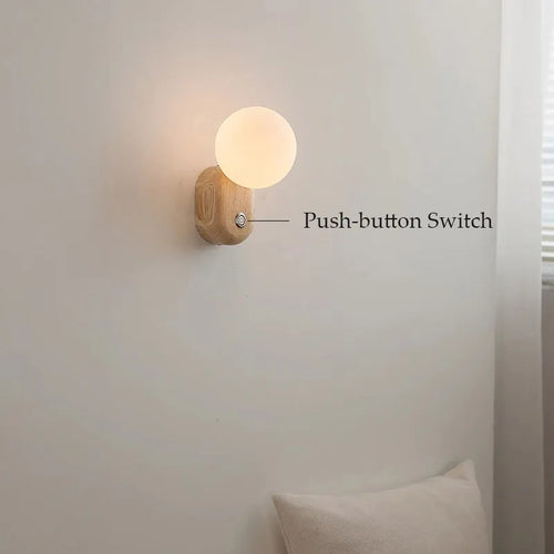 Spherical Glass Walnut Wood, Modern Wabi-Sabi Minimalist Style, Wall Sconce Light for Living Room, Dining Room, Bedroom, Study - vue 6 sur 6