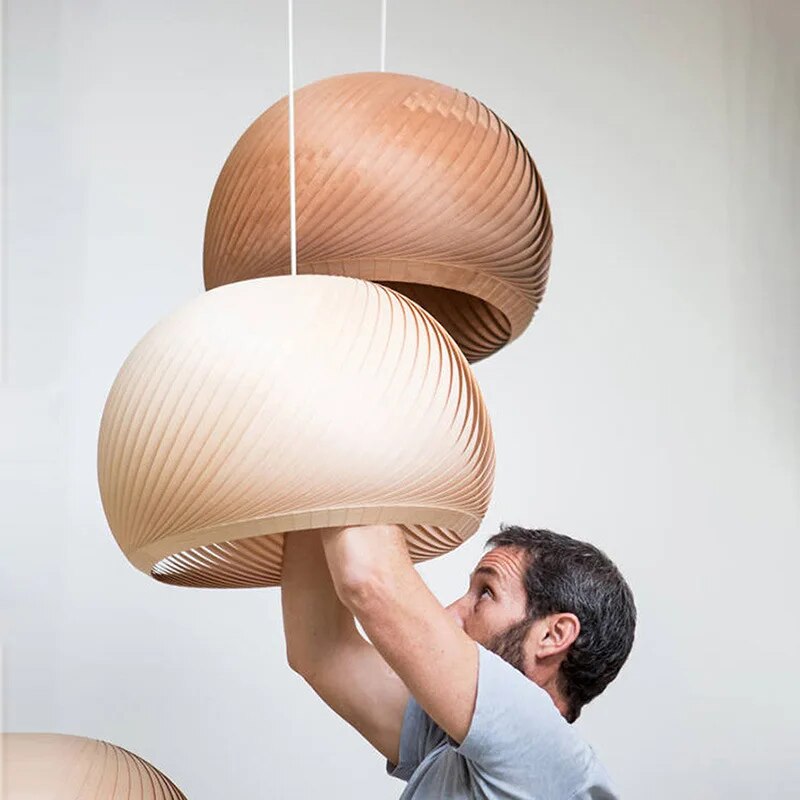 Suspension LED demi boule en bois simple - vue 5 sur 15