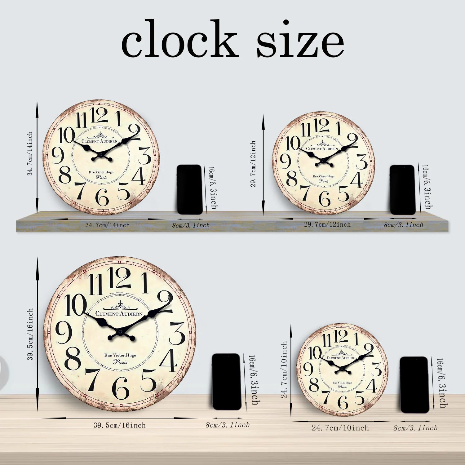 horloge murale rétro bois motif clément audierne décoration silencieuse - vue 3 sur 6