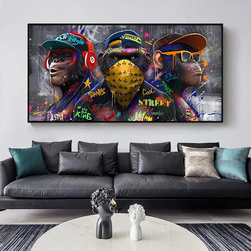 trois orangs-outans graffiti art mural décoration singe musique - vue 7 sur 7