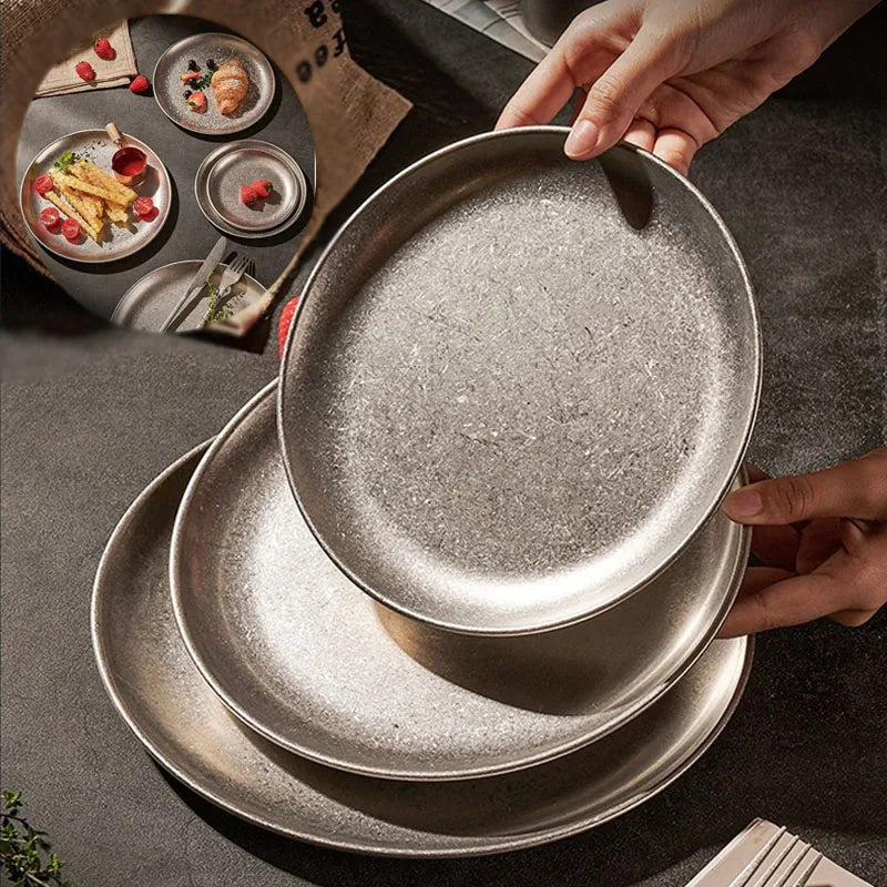 Assiettes inox style industriel retro plateaux cafe