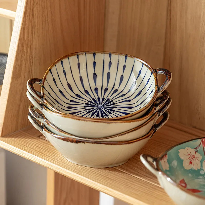 Bol japonais en céramique avec anse motif floral - vue 5 sur 7