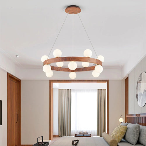 lustre rond en noyer avec ampoules en verre led moderne - vue 5 sur 9