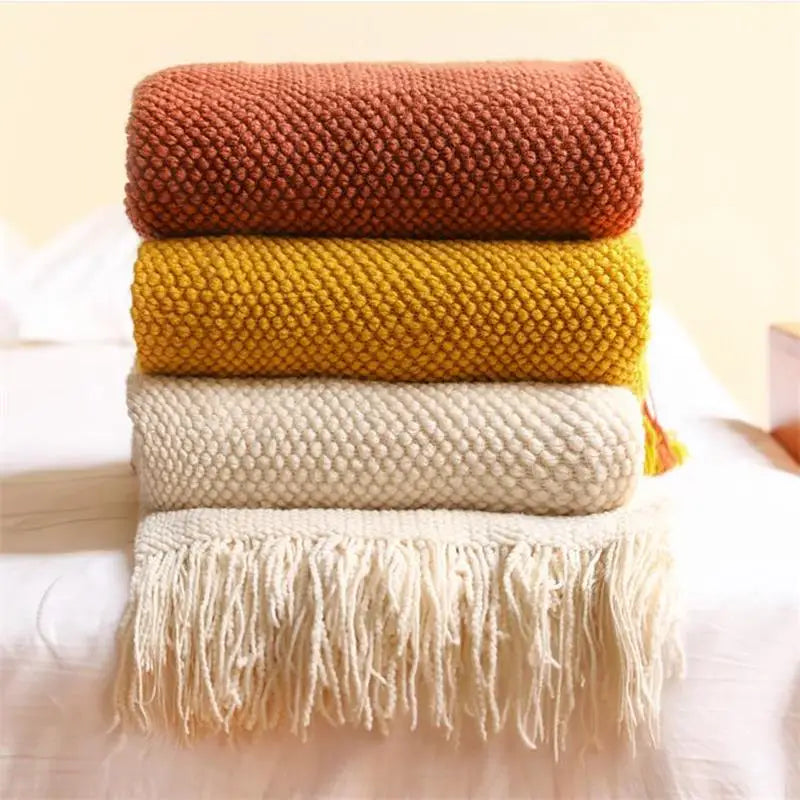 plaid tricot nordique à pompons pour lit canapé