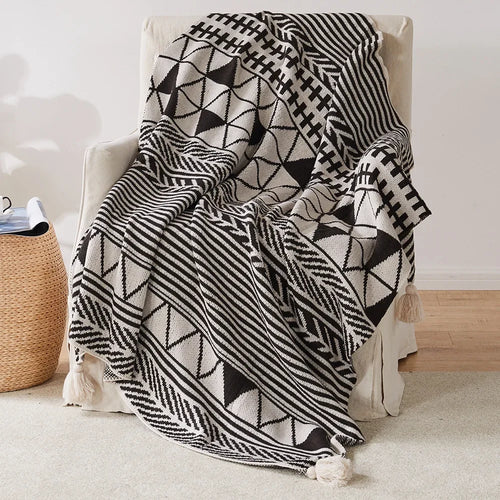 plaid tricoté géométrique bohème avec pompons doux chaud - vue 5 sur 6