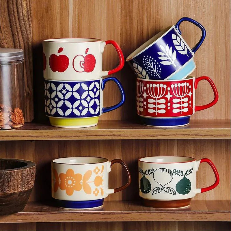 Ensemble tasses japonaises motifs floraux style retro ceramique - vue 4 sur 7