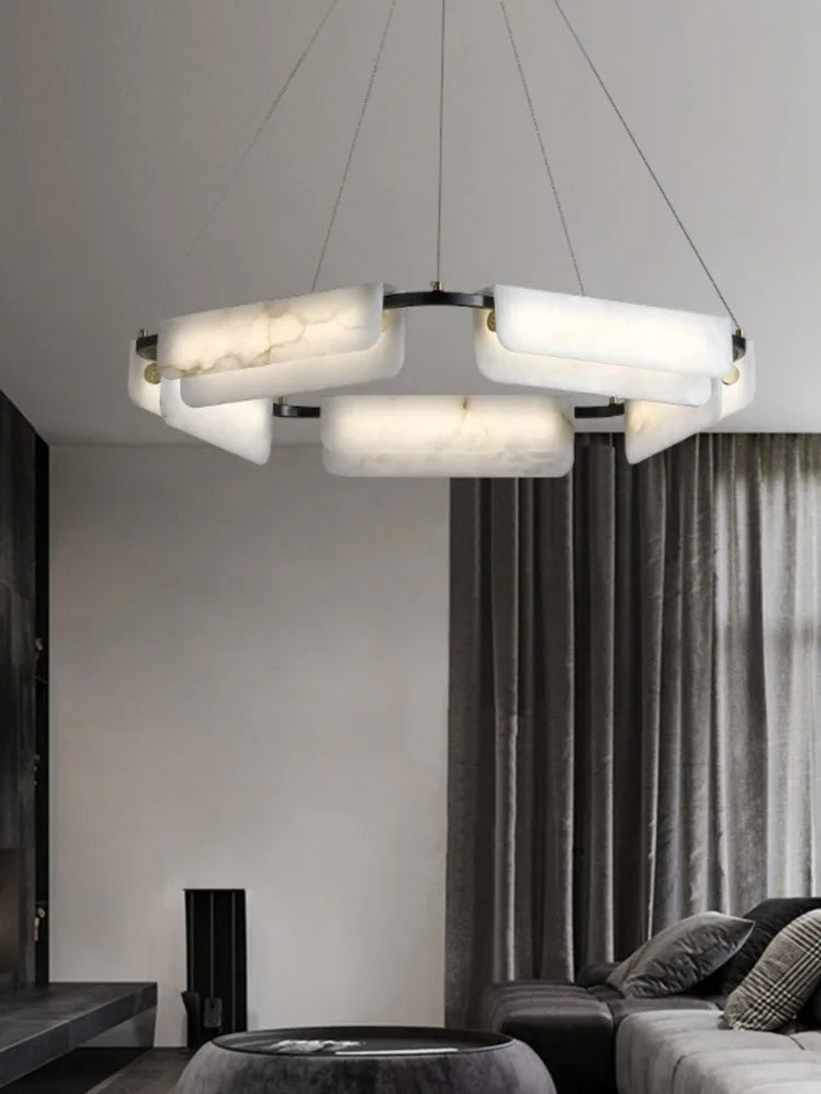 lustre en marbre naturel pur et cuivre design lumineux moderne - vue 4 sur 11