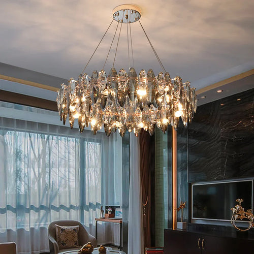 lustre moderne en cristal avec led et suspensions ronds - vue 5 sur 12