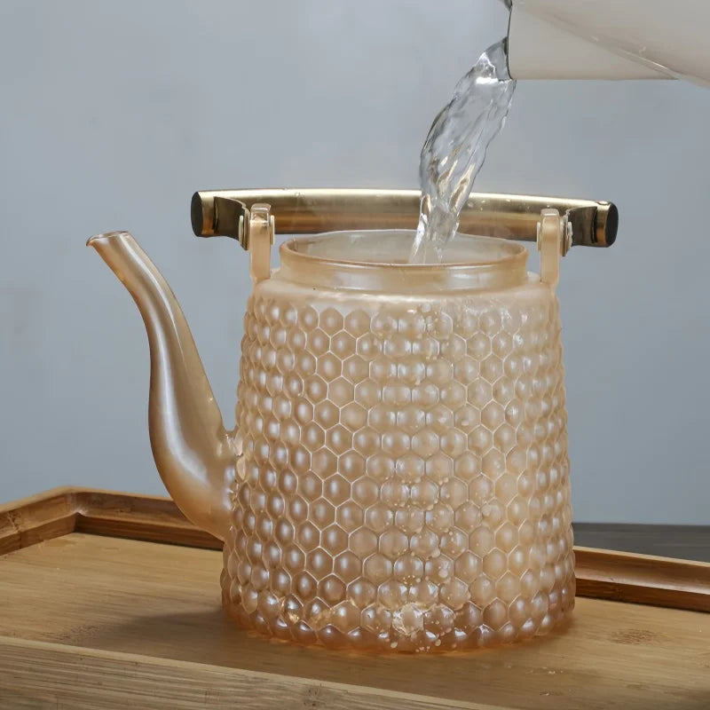 Théière japonaise verre borosilicate rétro poignée cuivre - vue 4 sur 7