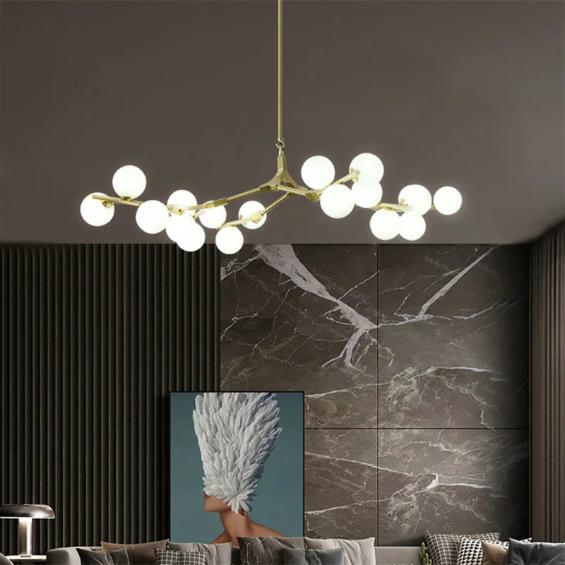 lustre en verre avec branches d'arbre et boules lumineuses - vue 4 sur 12