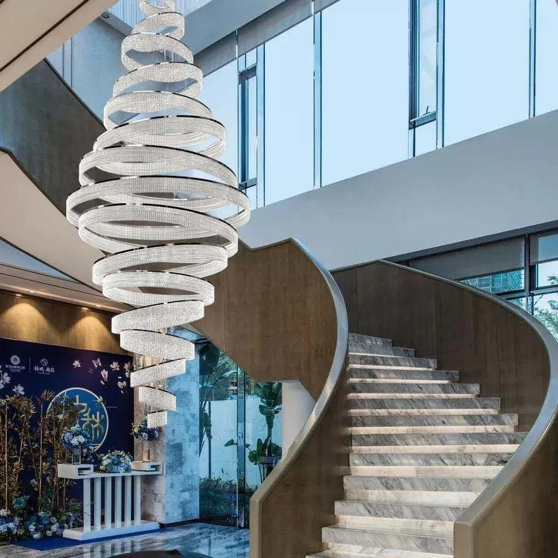 Escalier de luxe LED en Cristal lustre pour salon hall grand anneau moderne Cristal suspendu éclairage Chrome longue lampe d'intérieur - vue 8 sur 13