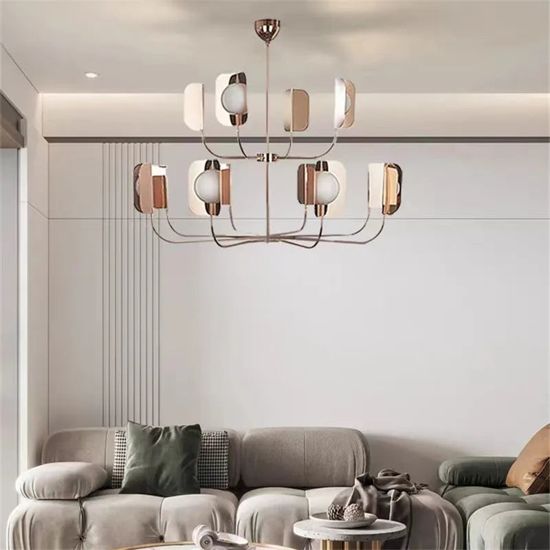 lustre design en verre laiteux avec feuilles métalliques - vue 6 sur 10
