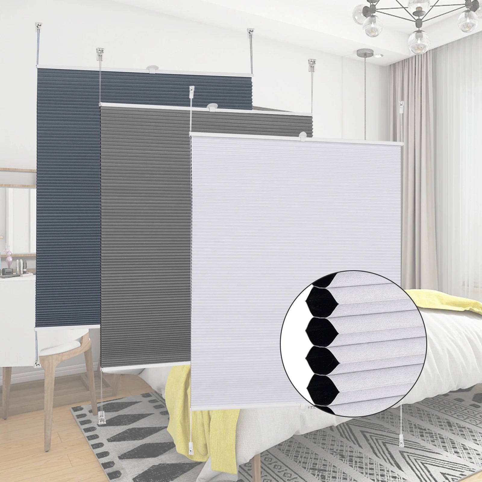 Store plissé alvéolé sans perçage pour fenêtres chambre - vue 2 sur 7