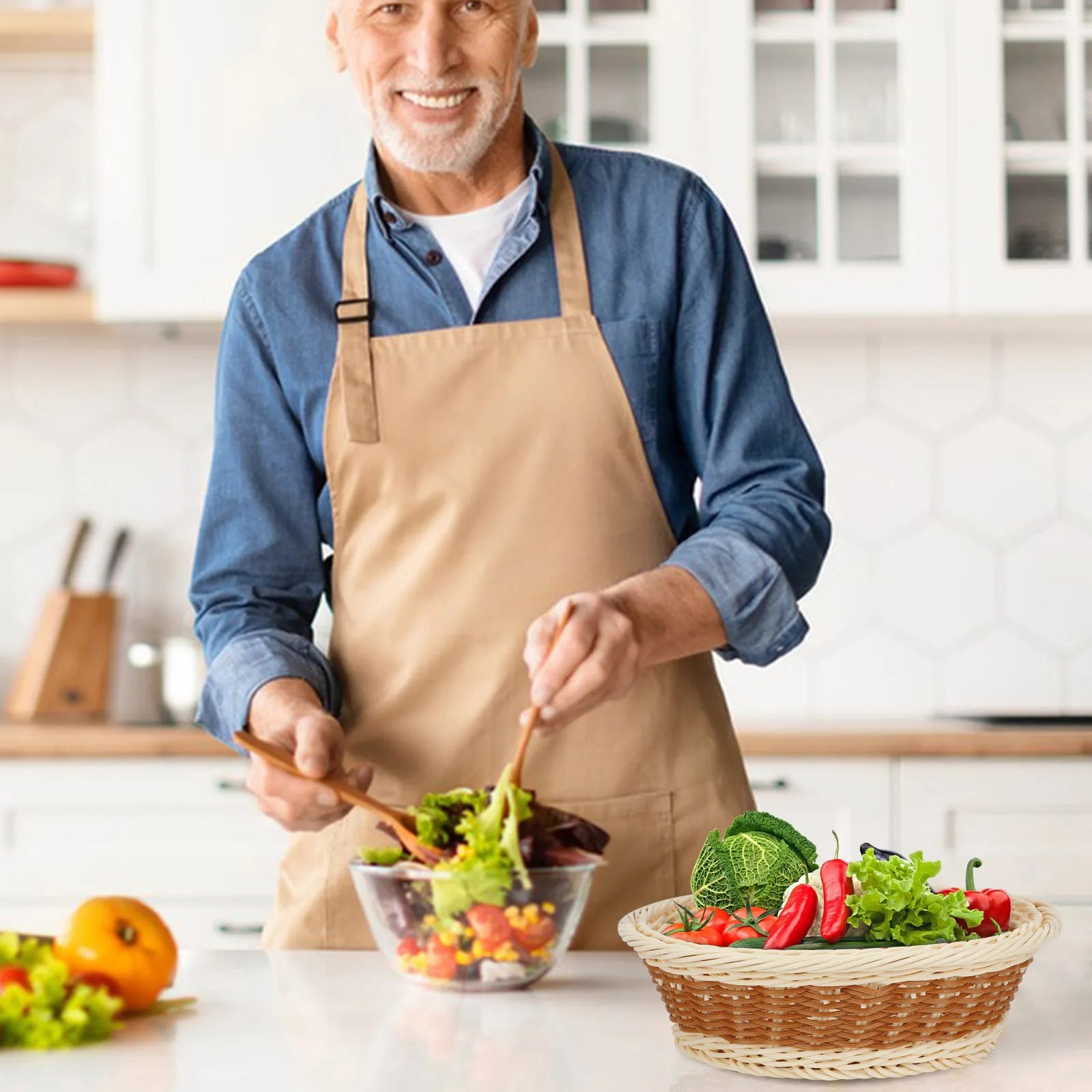 panier rond en rotin pour rangement fruits et légumes - vue 6 sur 6