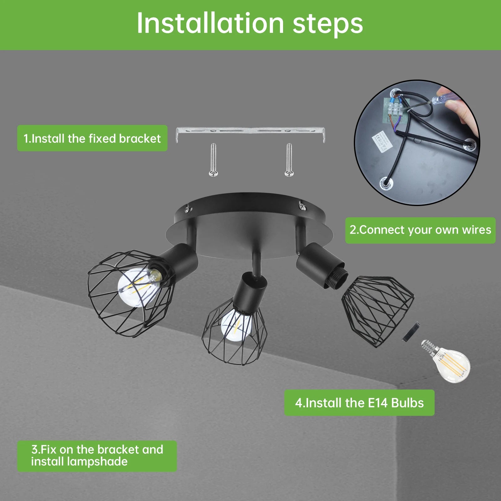 Spot de Plafond 3 Voies Rotatif - Spot Plafond Noir/Blanc Plafonniers E14 - Spot Luminaires Fil Cage Mur - vue 4 sur 7