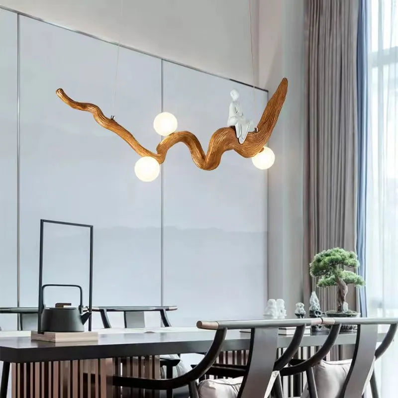 Lustre design Zen résine style bois à Branches suspension - vue 4 sur 7