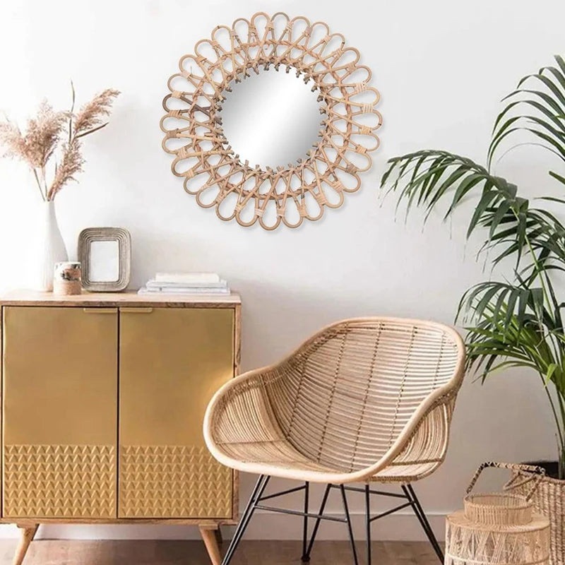 miroir mural rond en rotin pour décoration intérieure - vue 6 sur 6