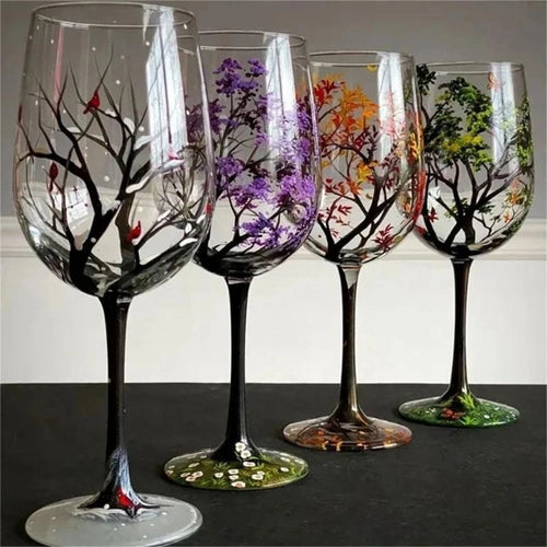 Verre à vin arbre quatre saisons peint main