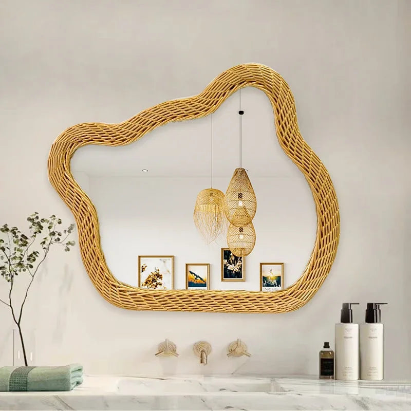 miroir en rotin ours design luxueux à suspendre au mur - vue 5 sur 6