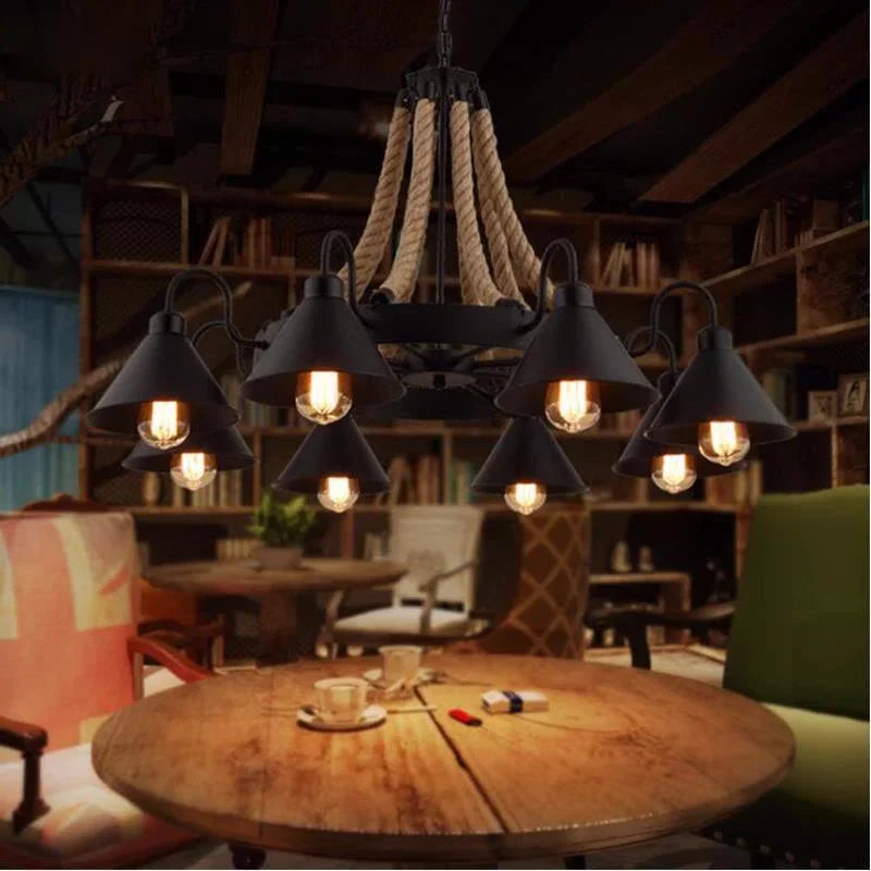 Vintage Hemp Rope Pendant Lamps Iron Lampshade Retro Coffee House Bar Indoor Lightings E27 Industrial Style Chain Pendant Light - vue 5 sur 12