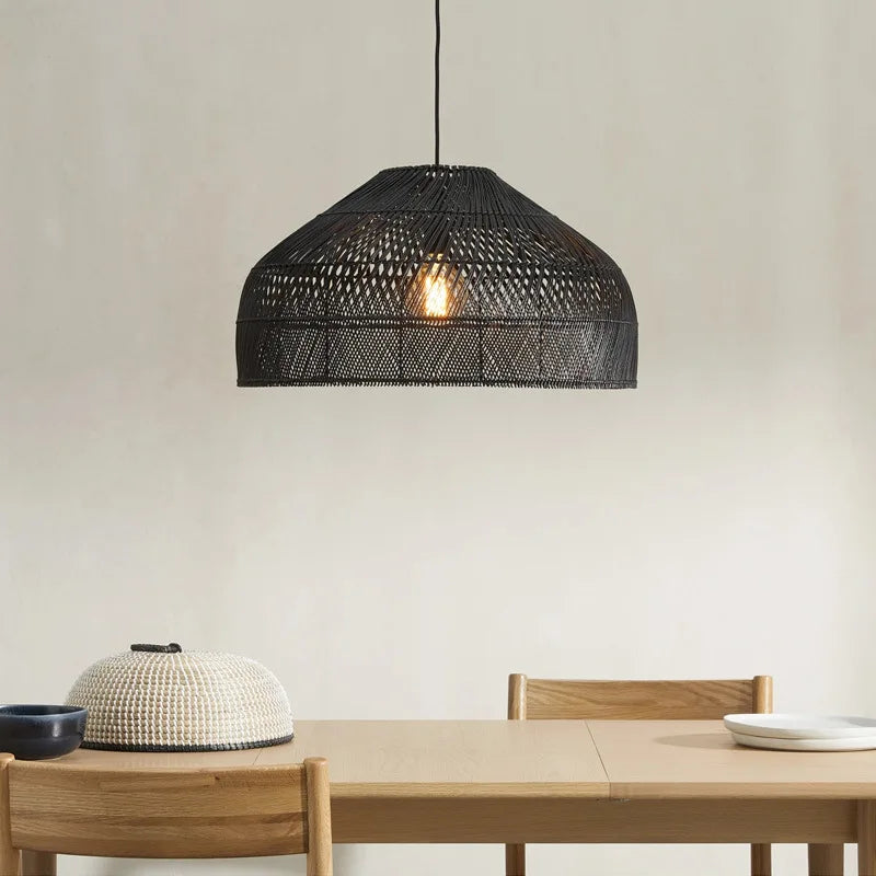 lustre en rotin style asiatique vintage avec led suspendue - vue 3 sur 12